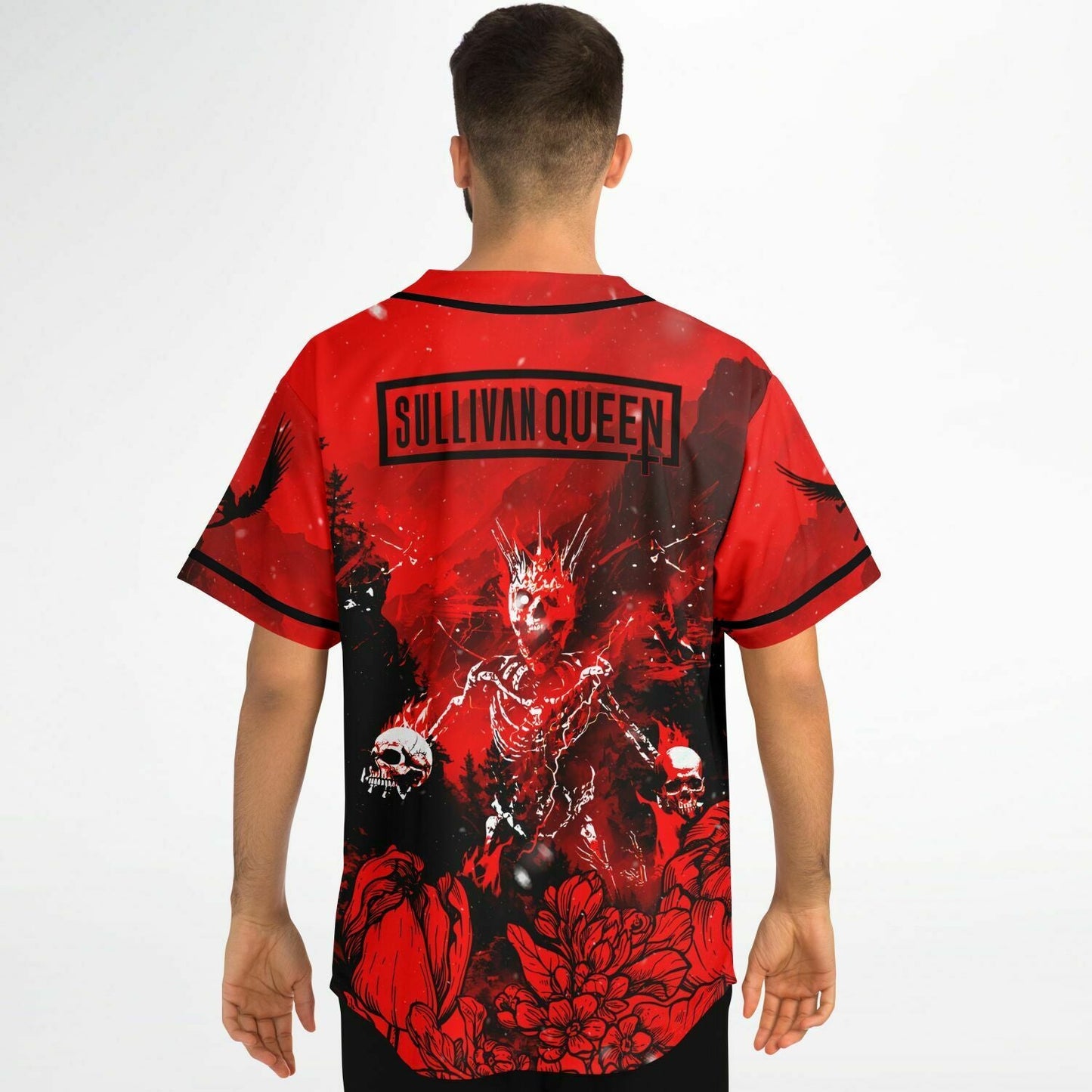 Bright Red Crowned Skeleton Rave Baseball Jersey