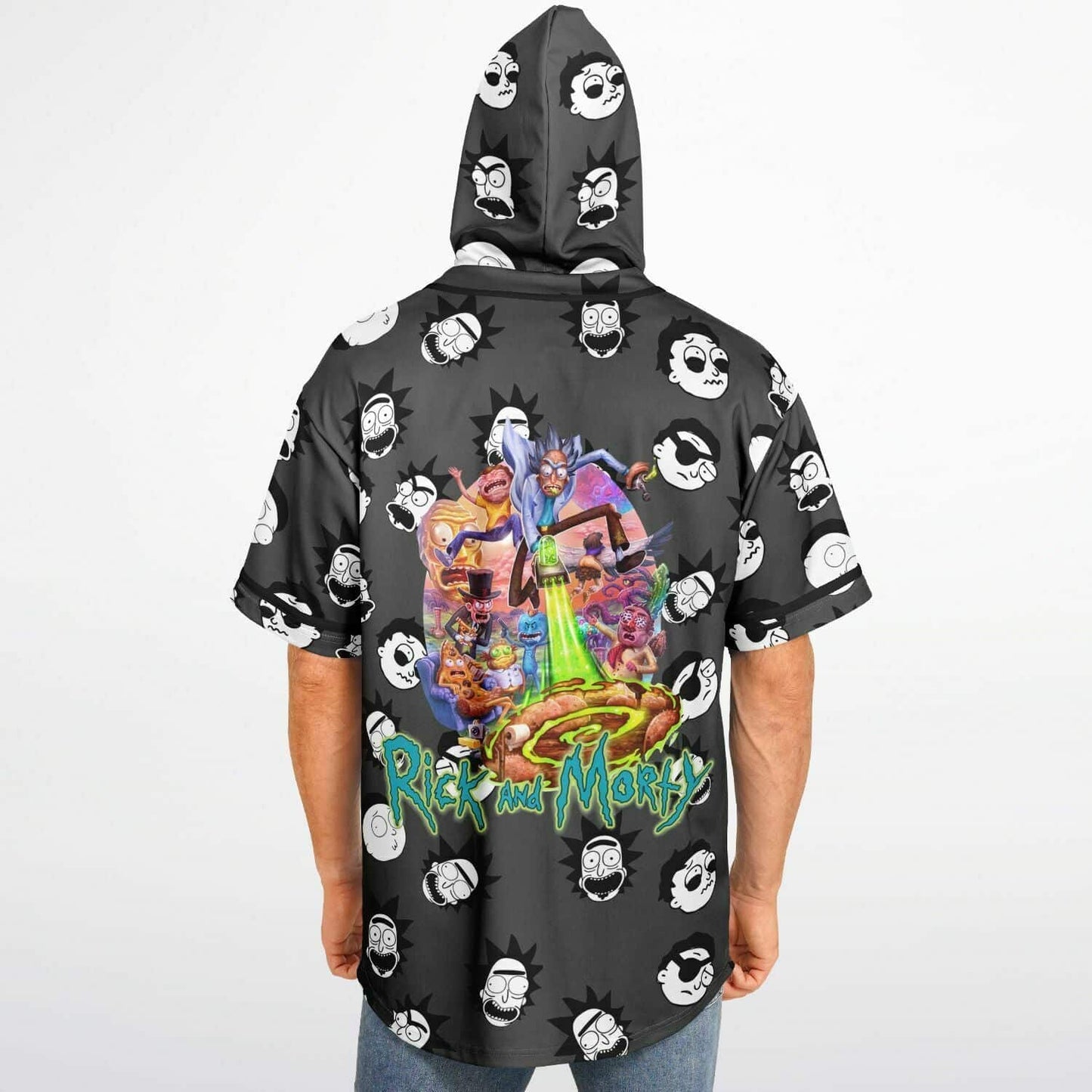 Charcoal Grey Repeating Cartoon Rave Hooded Baseball Jersey