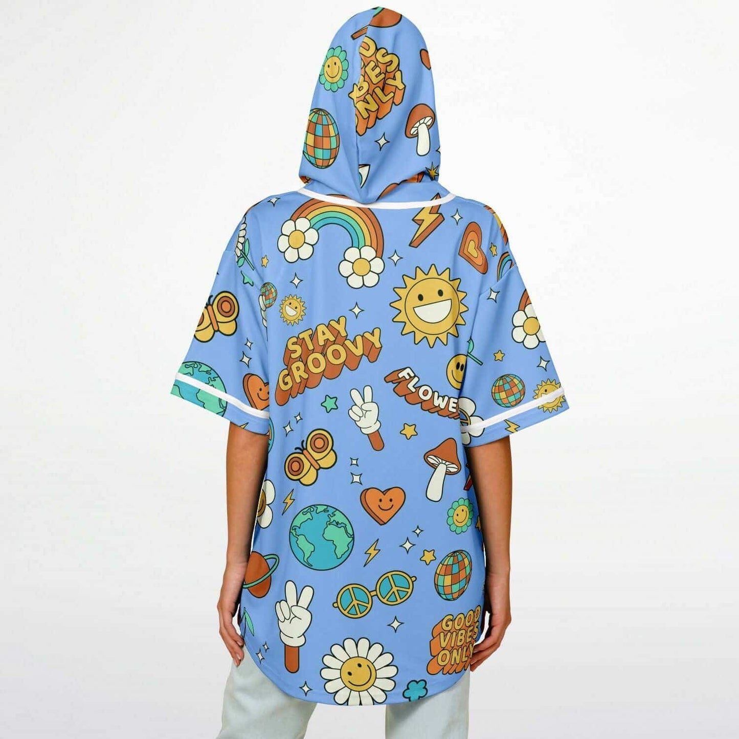 Sky Blue Retro 70S Rave Hooded Baseball Jersey
