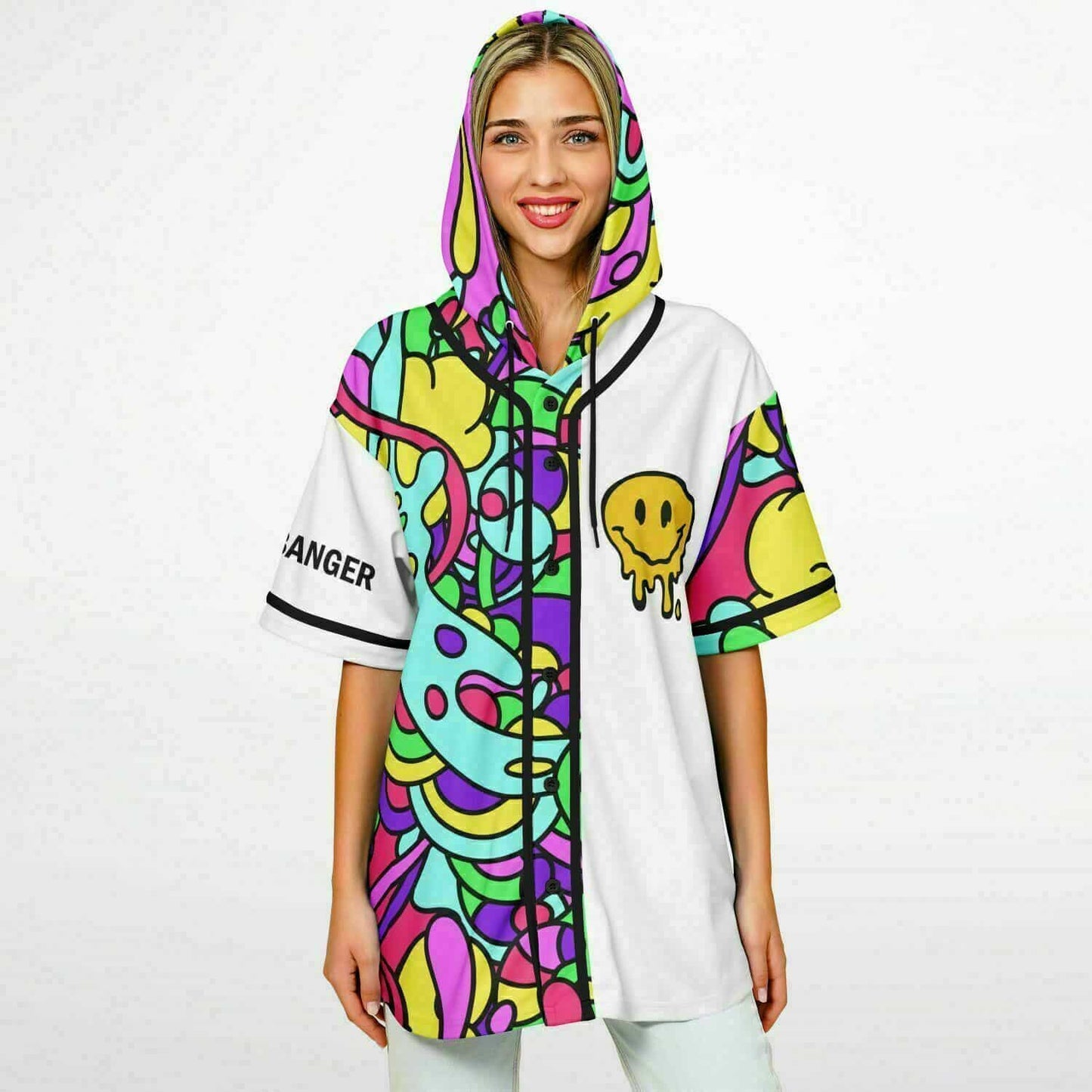 White Abstract Psychedelic Rave Hooded Baseball Jersey