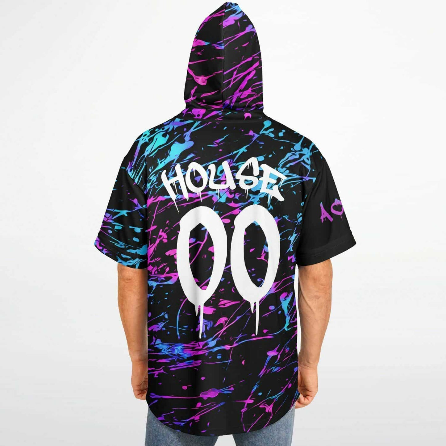 Black Abstract Neon Rave Hooded Baseball Jersey