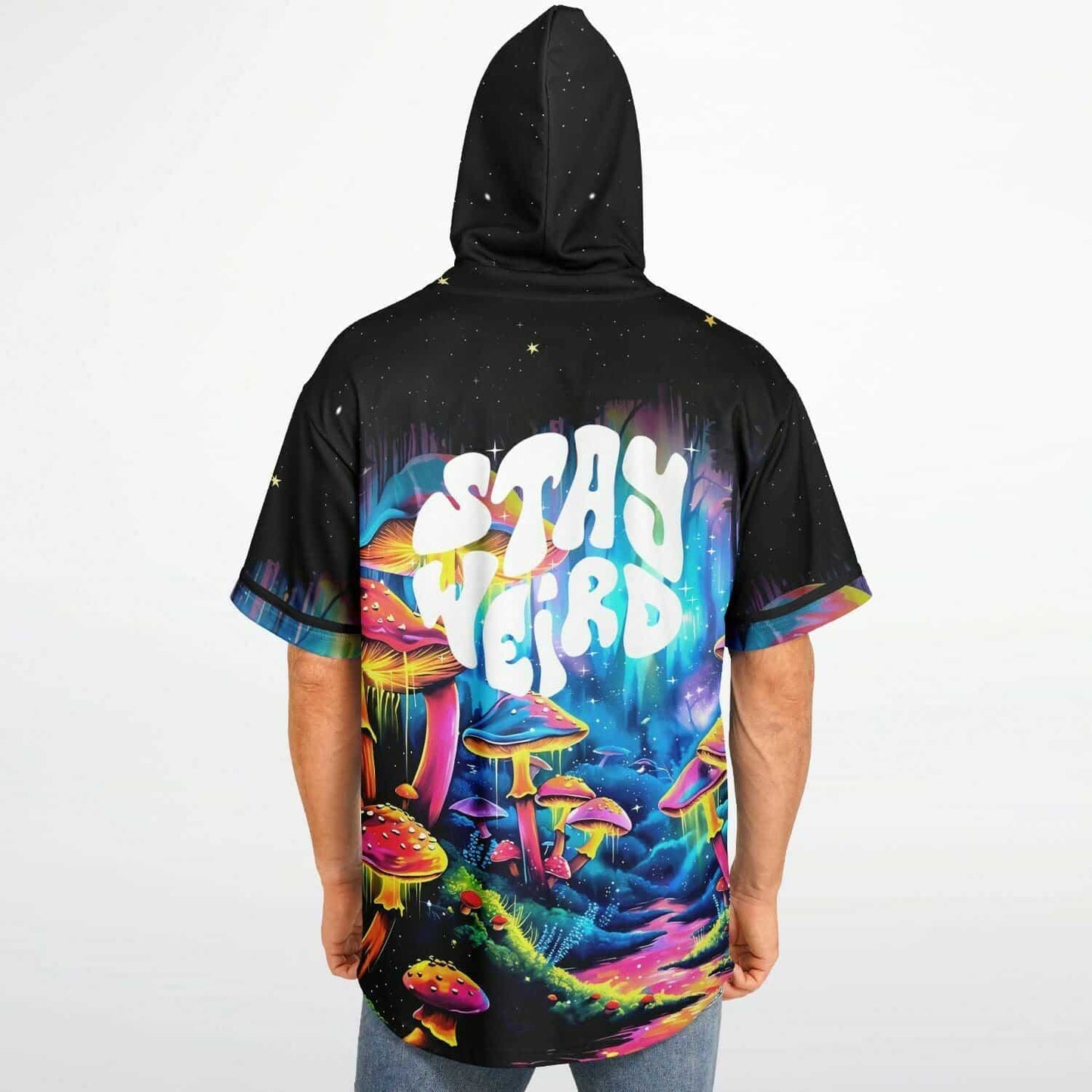 Black Psychedelic Glowing Rave Hooded Baseball Jersey