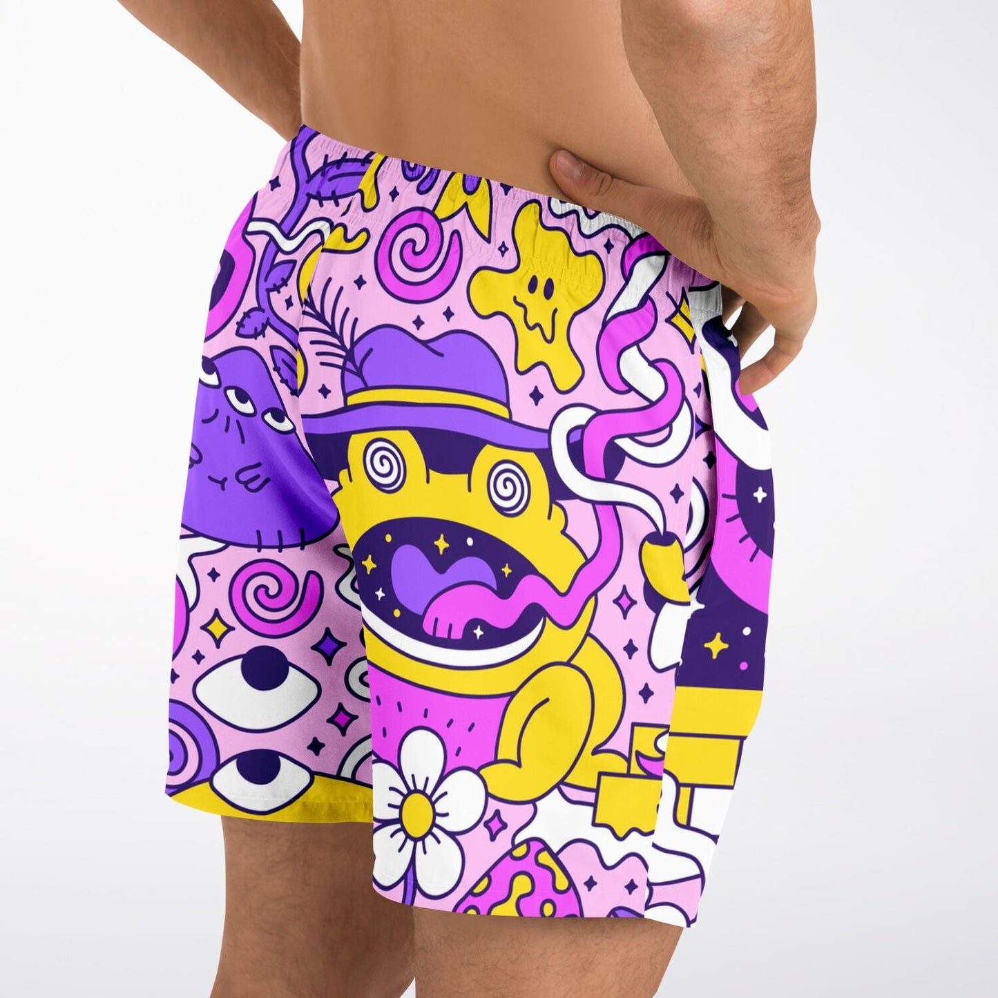 Pink Cartoon Doodle Rave Swim Trunks