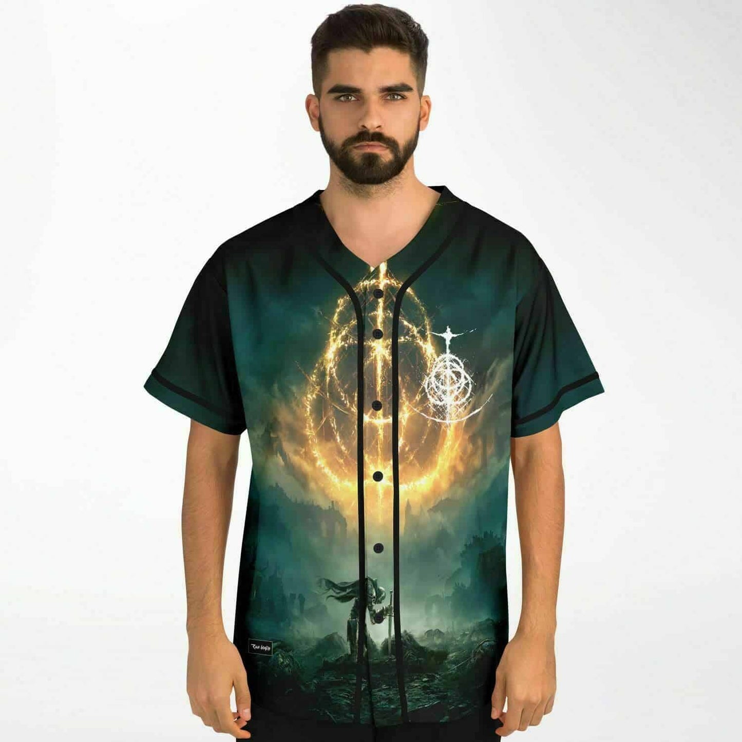 Dark Teal Flaming Ringed Rave Baseball Jersey