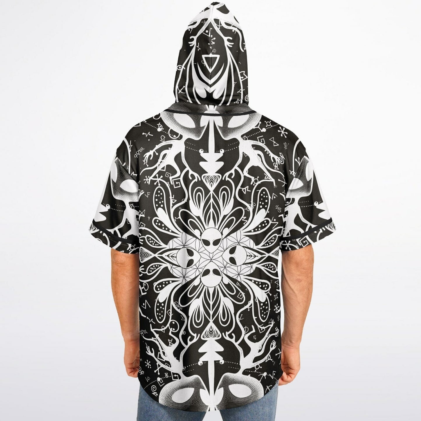 Black White Symmetrical Psychedelic Rave Hooded Baseball Jersey