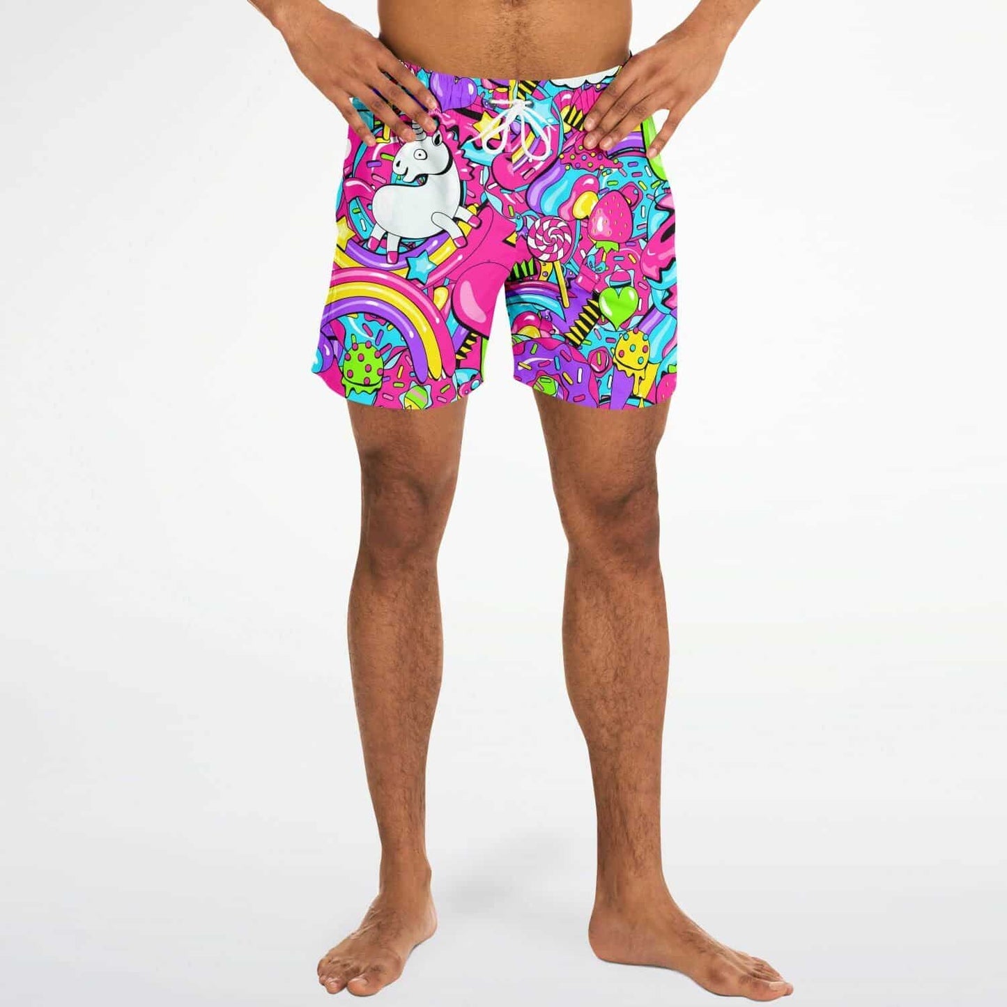 Hot Pink Cartoon Unicorn Rave Swim Trunks