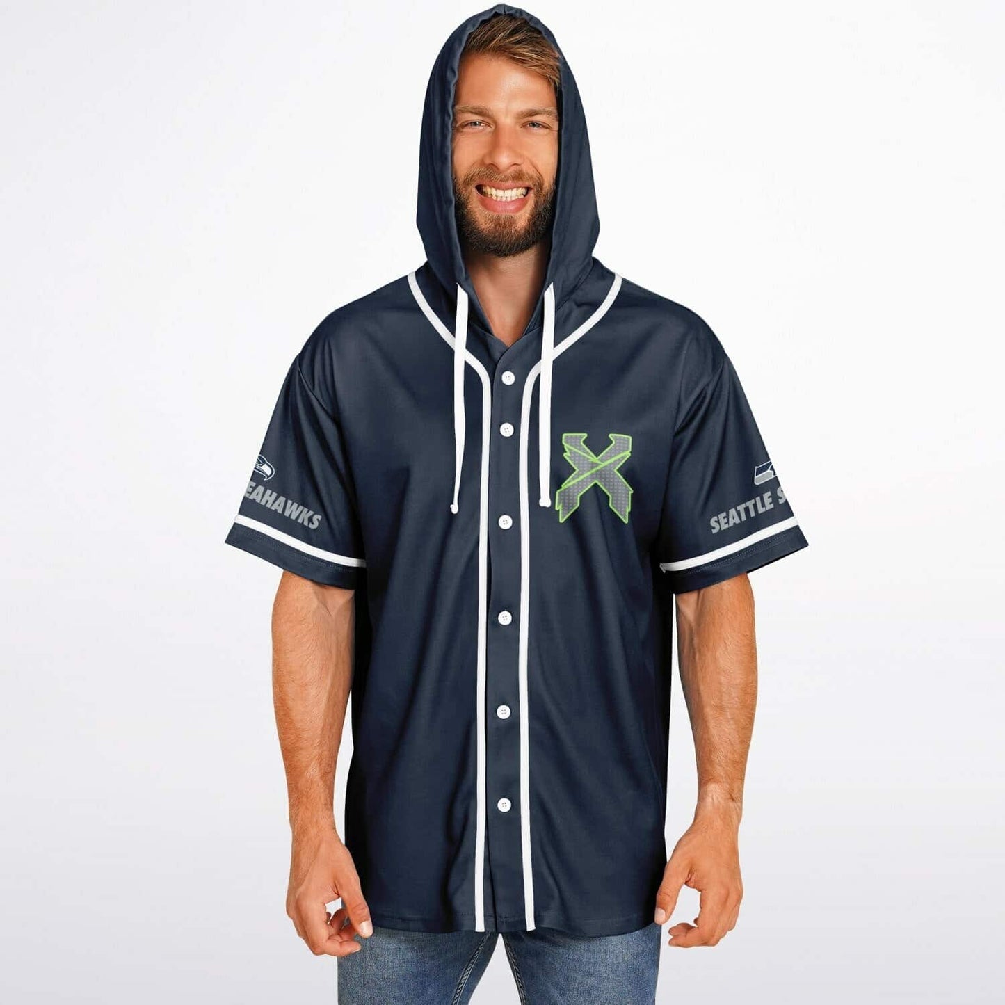 Excision Navy Blue Green Rave Hooded Baseball Jersey