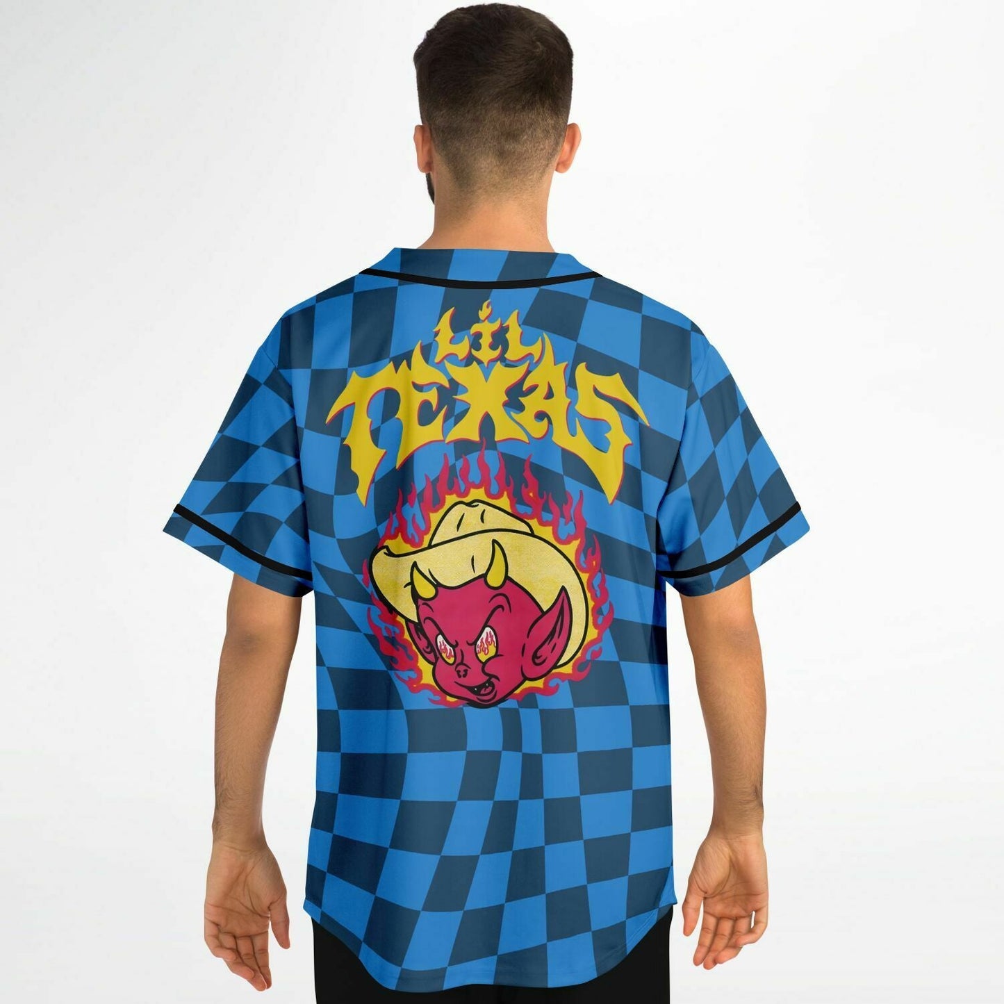 Lil Texas Blue Dark Warped Checkerboard Rave Baseball Jersey