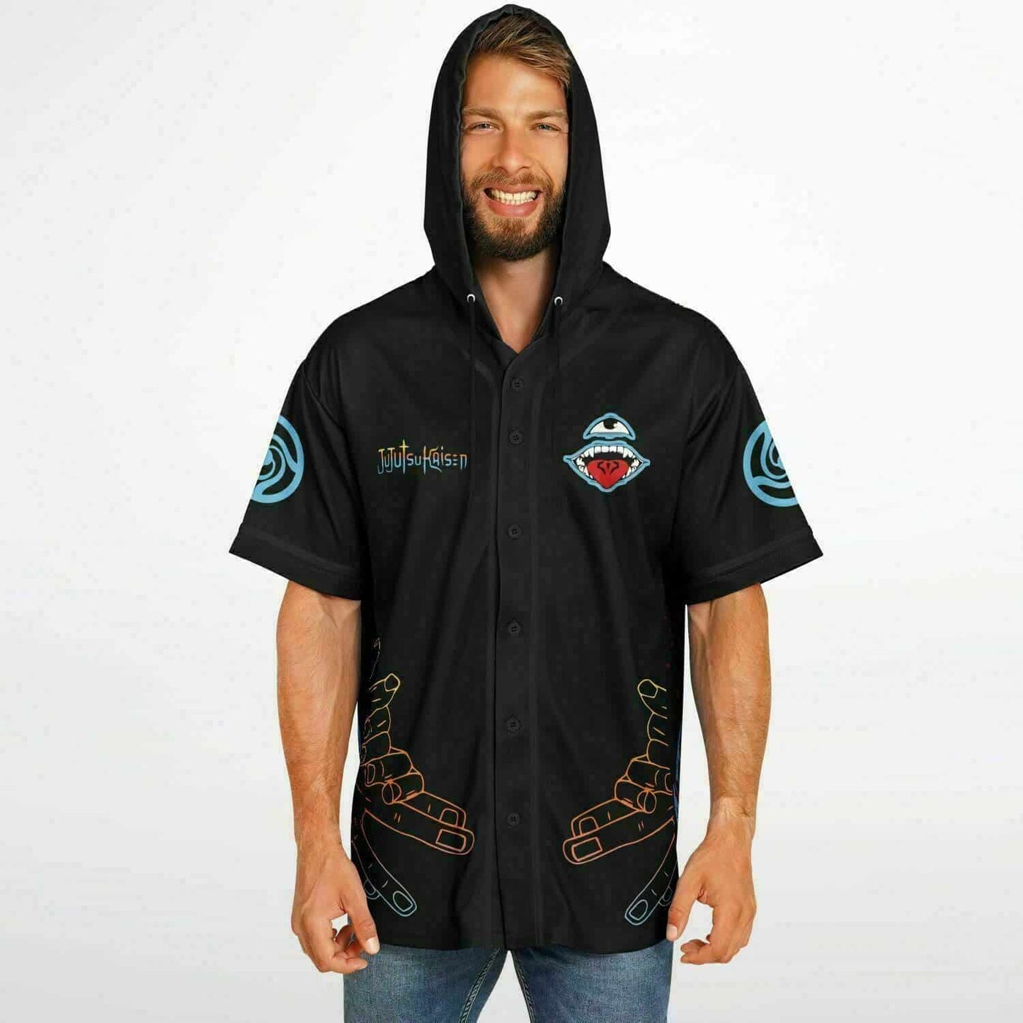 Black Anime Characters Rave Hooded Baseball Jersey