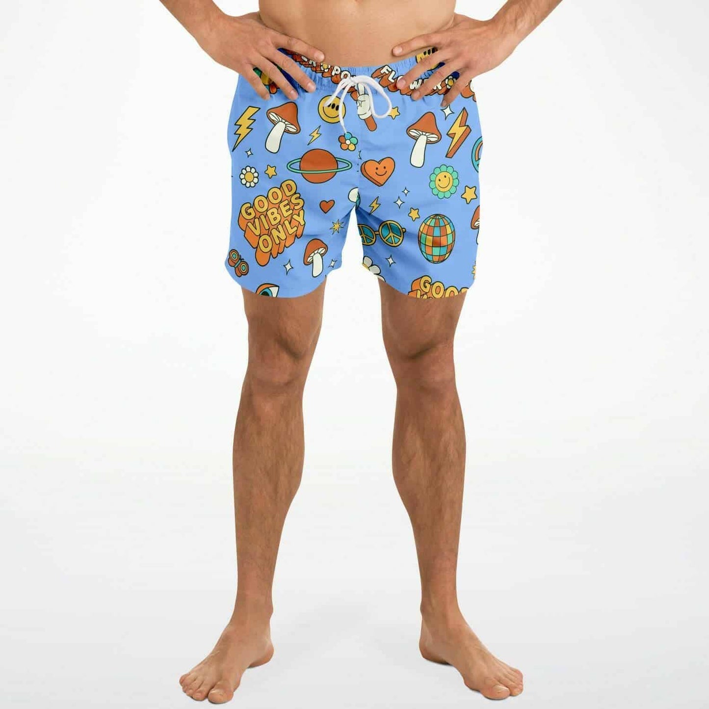 Cornflower Blue Retro Groovy Rave Swim Trunks