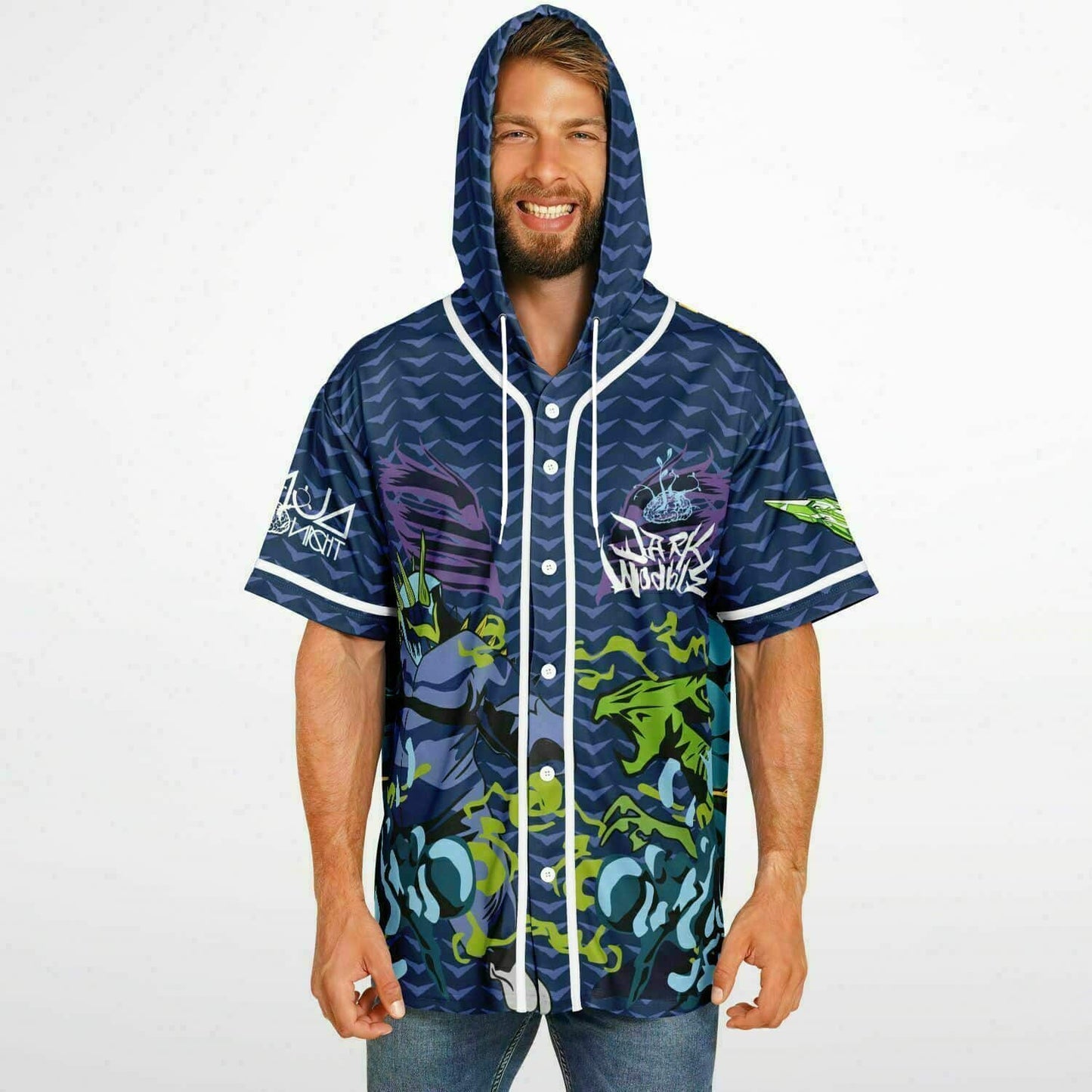 Navy Blue Armored Samurai Rave Hooded Baseball Jersey