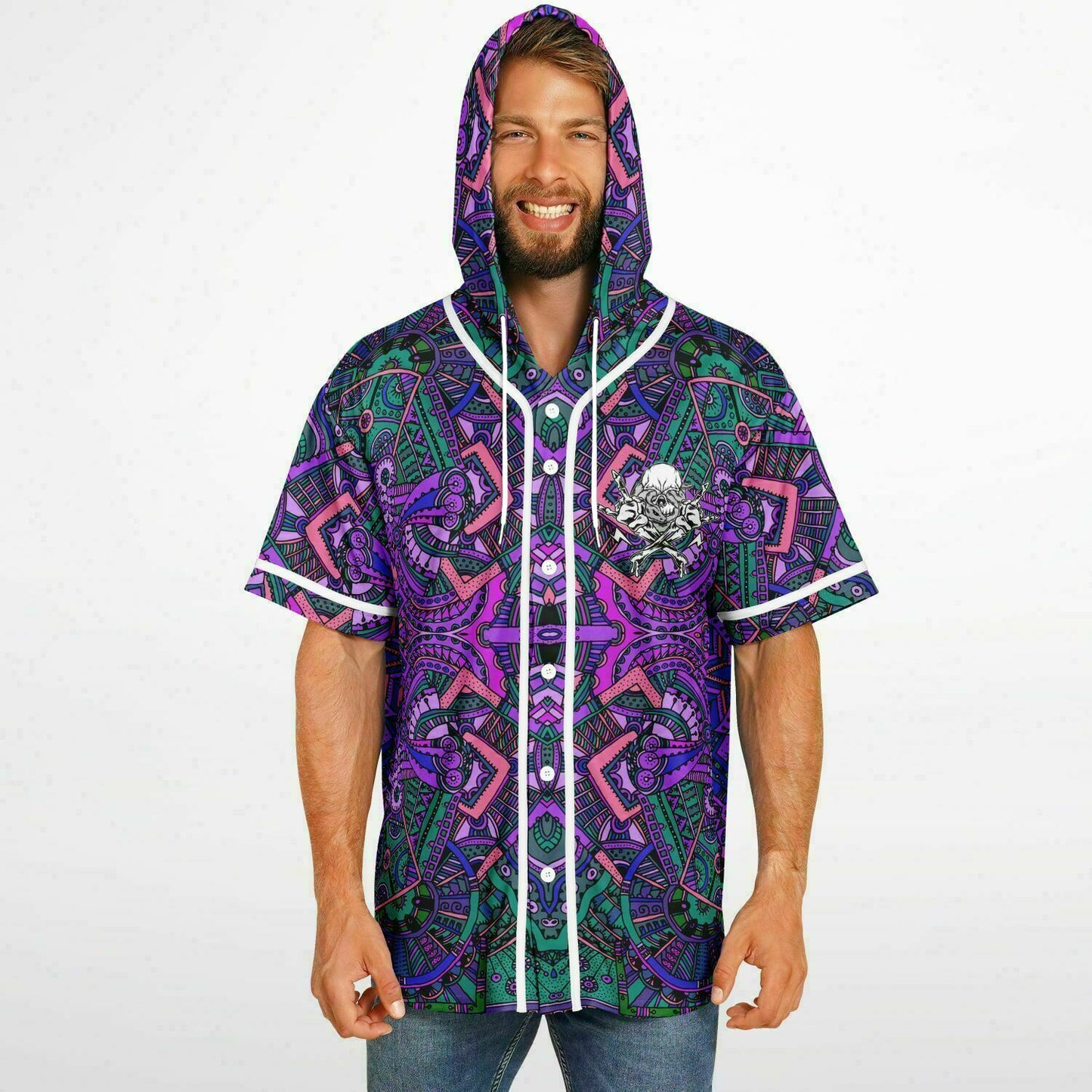 Purple Kaleidoscopic Aztec Rave Hooded Baseball Jersey