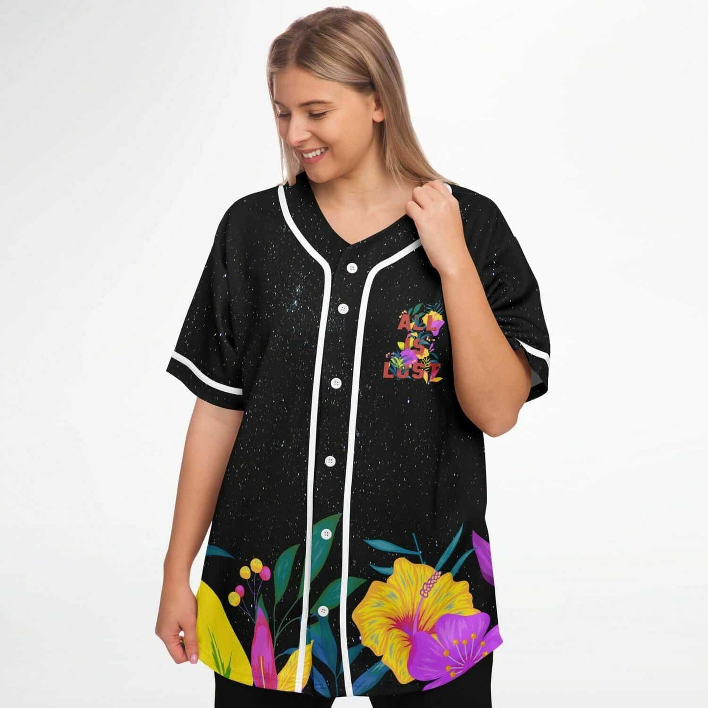 Black Starry Tropical Hibiscus Rave Baseball Jersey