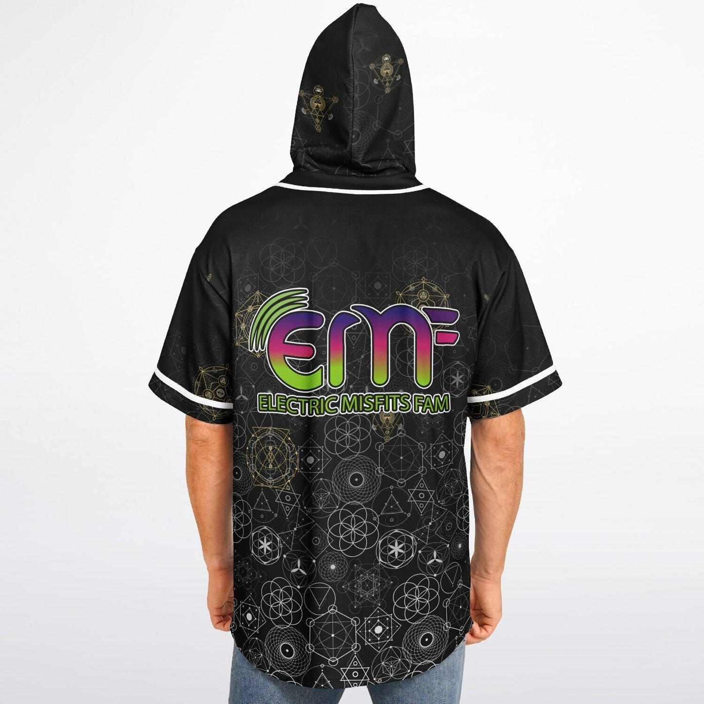 Black Sacred Geometry Rave Hooded Baseball Jersey