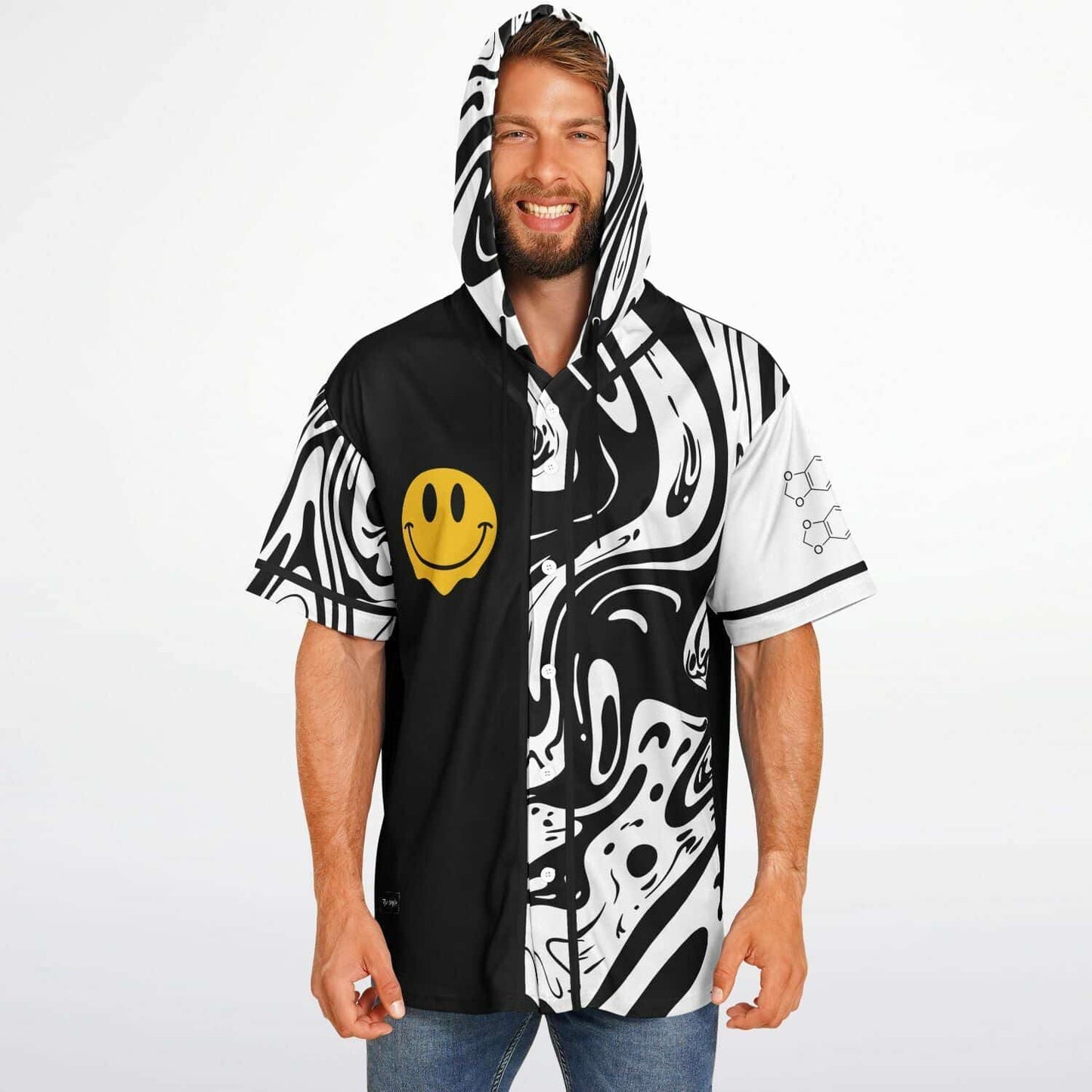 Black White Rave Hooded Baseball Jersey