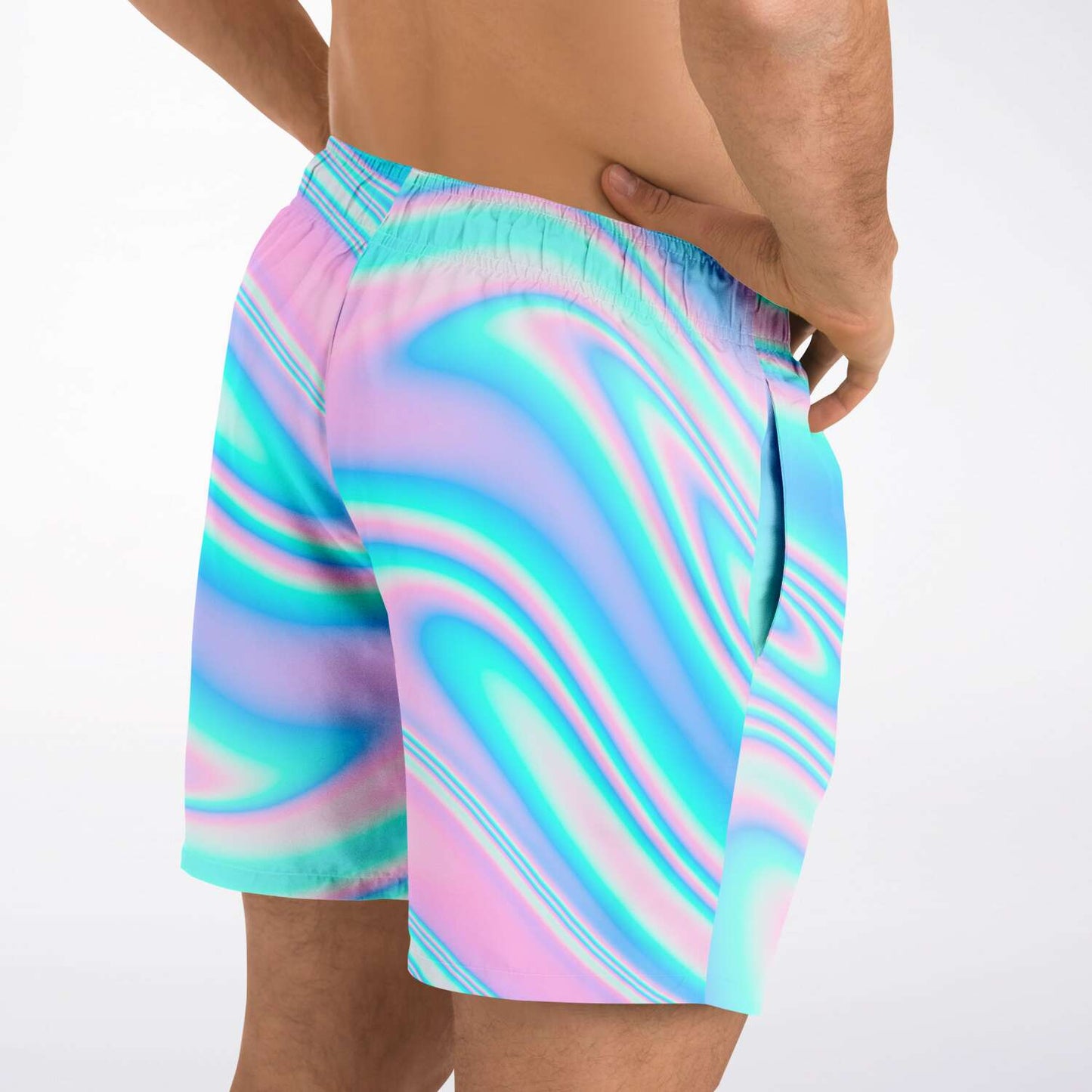 Pastel Pink Holographic Swirl Rave Swim Trunks