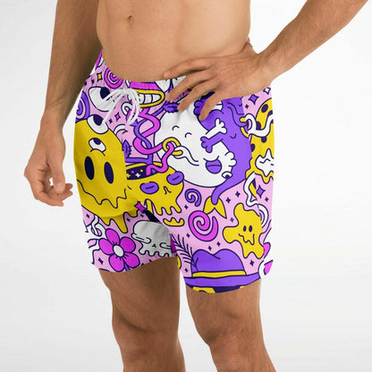 Pink Cartoon Doodle Rave Swim Trunks