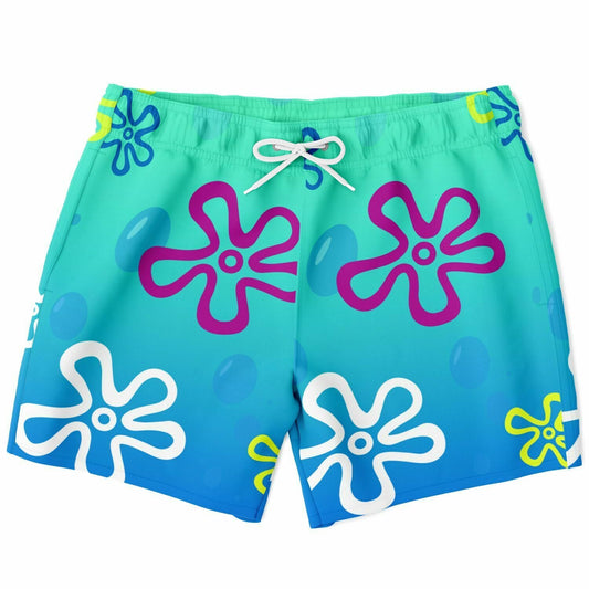 Teal Blue Outlined Flowers Rave Swim Trunks