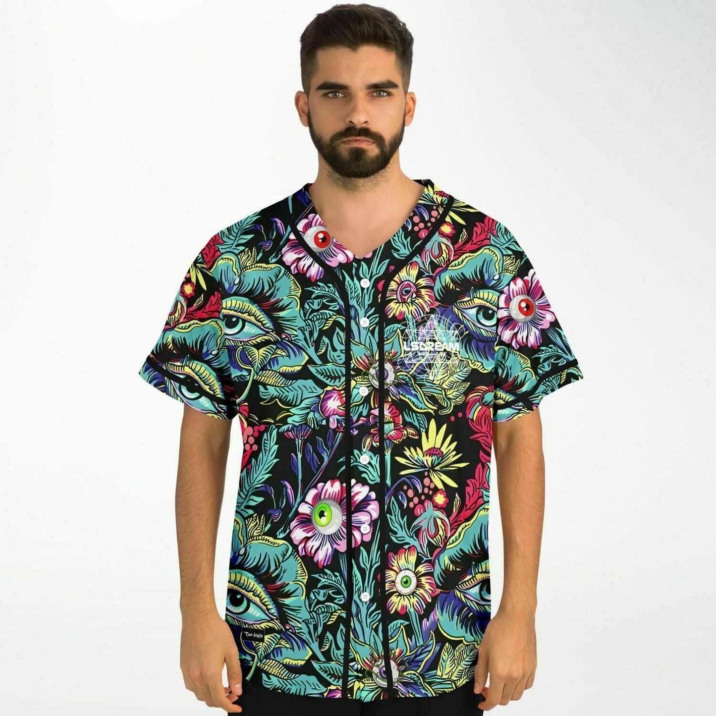 LSDREAM Black Psychedelic Floral Rave Baseball Jersey