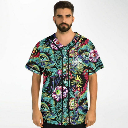 LSDREAM Black Psychedelic Floral Rave Baseball Jersey
