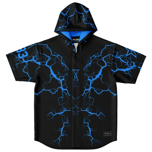 Black Blue Lightning Rave Hooded Baseball Jersey
