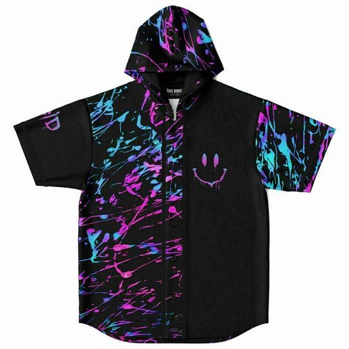 Black Abstract Neon Rave Hooded Baseball Jersey