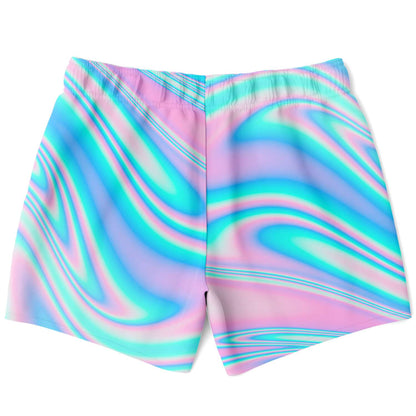 Pastel Pink Holographic Swirl Rave Swim Trunks
