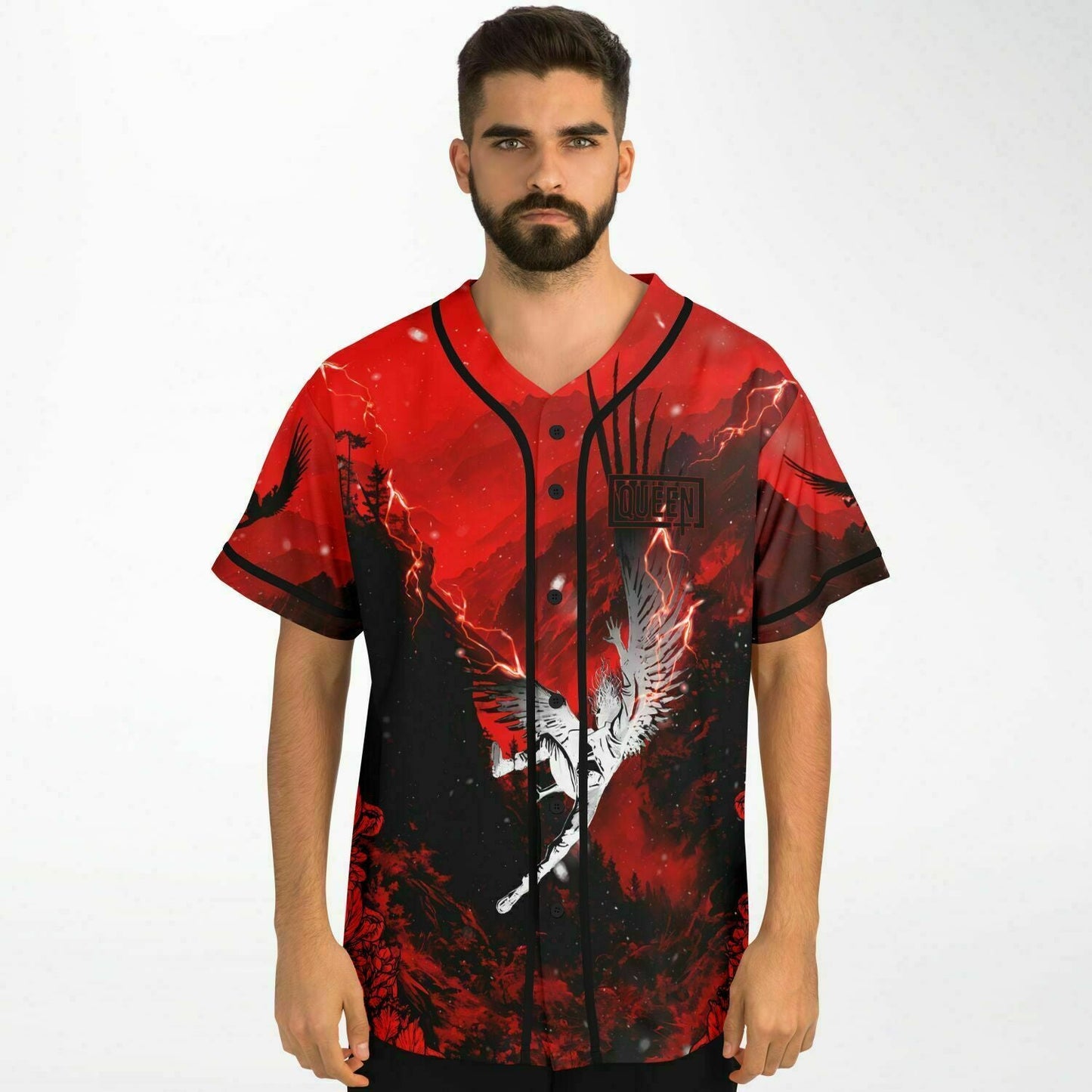 Bright Red Crowned Skeleton Rave Baseball Jersey