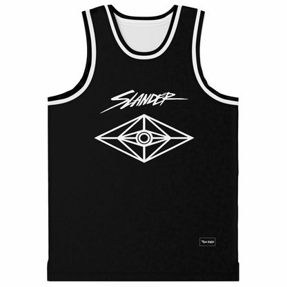 Slander Black Wordmark Above Rave Basketball Jersey