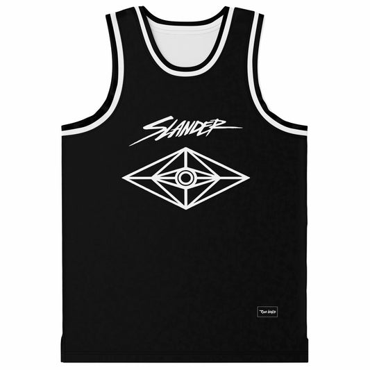 Slander Black Wordmark Above Rave Basketball Jersey