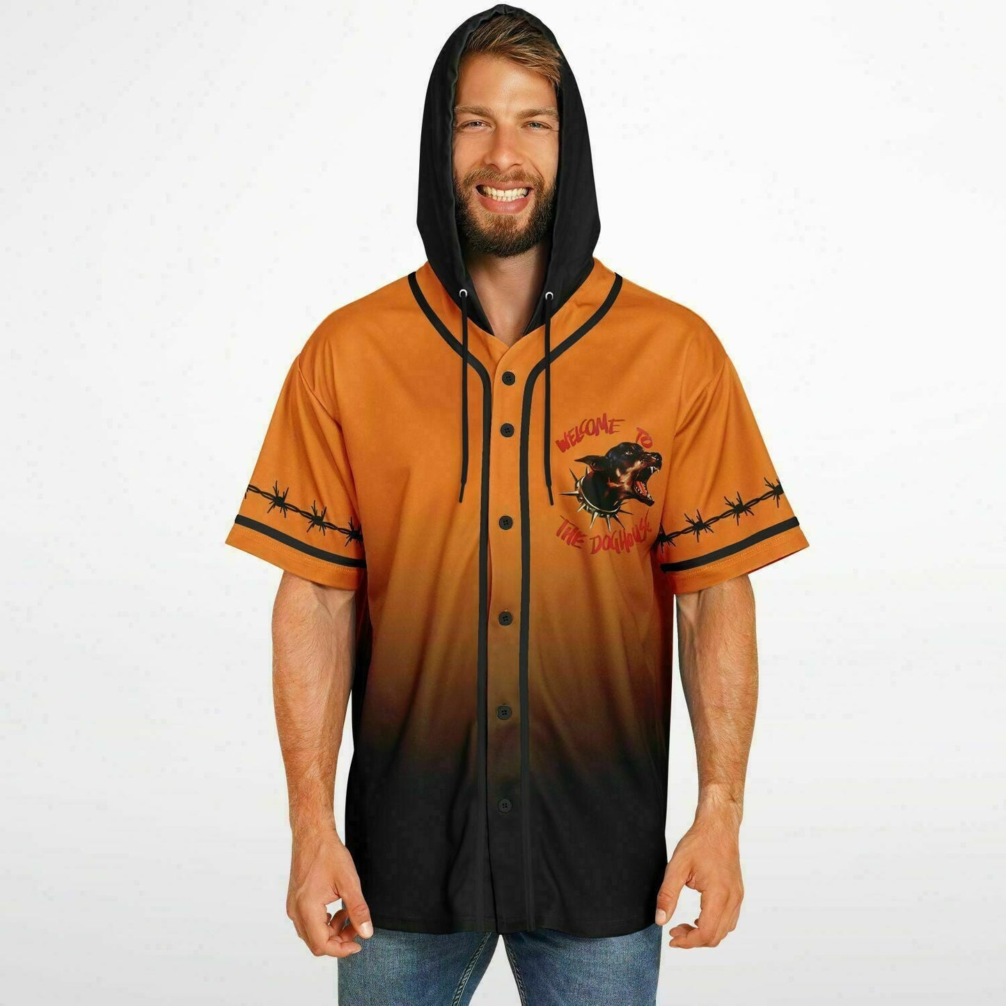 Kayzo Orange Black Snarling Rottweiler Rave Hooded Baseball Jersey