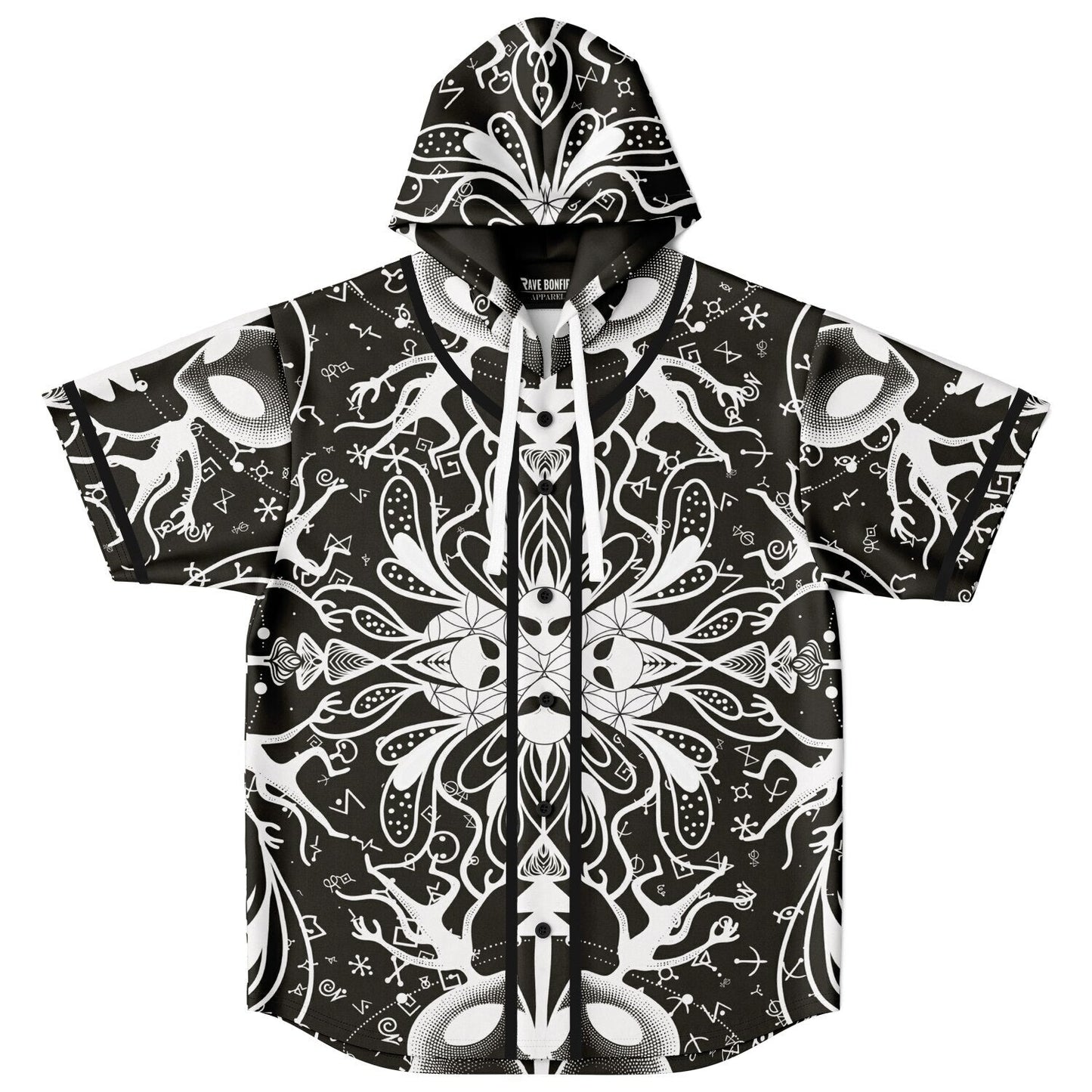 Black White Symmetrical Psychedelic Rave Hooded Baseball Jersey