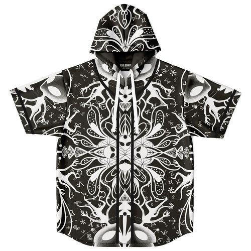 Black White Symmetrical Psychedelic Rave Hooded Baseball Jersey