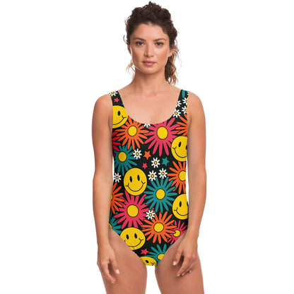 Black Retro Smiley Rave Swimsuit