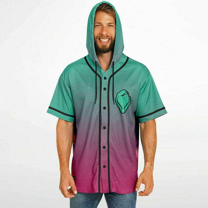 Teal Magenta Chest Gem Rave Hooded Baseball Jersey