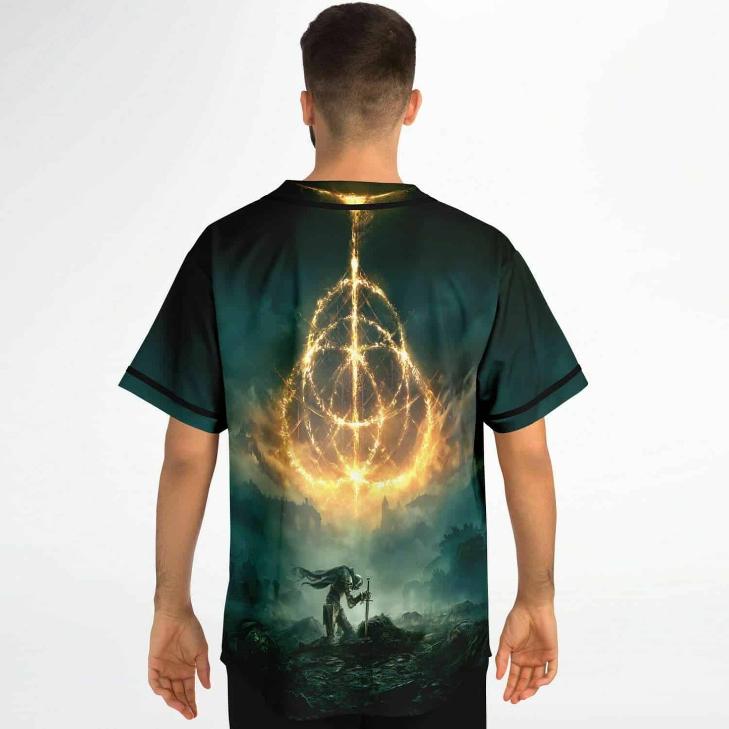 Dark Teal Flaming Ringed Rave Baseball Jersey