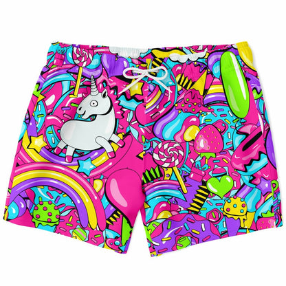 Hot Pink Cartoon Unicorn Rave Swim Trunks