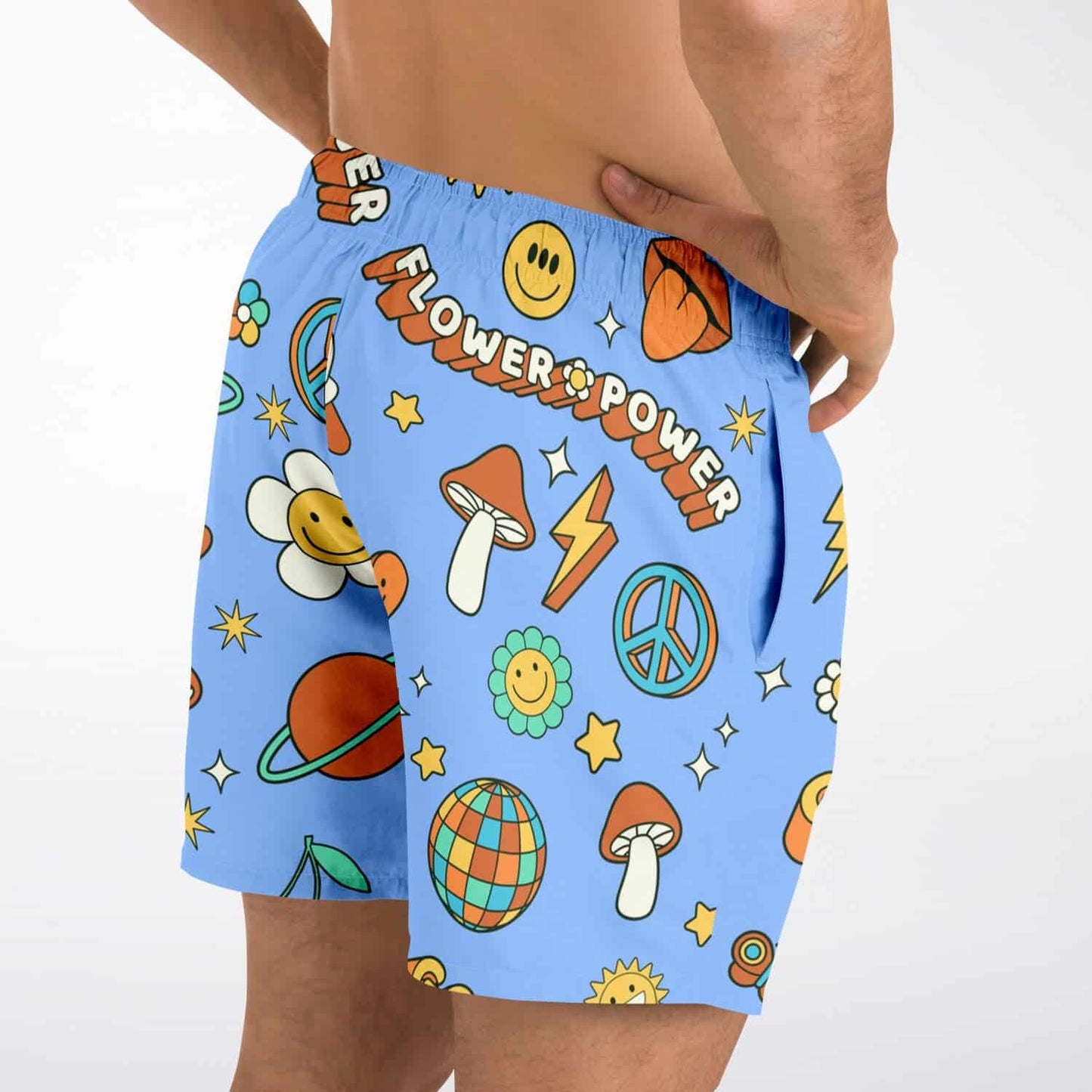 Cornflower Blue Retro Groovy Rave Swim Trunks