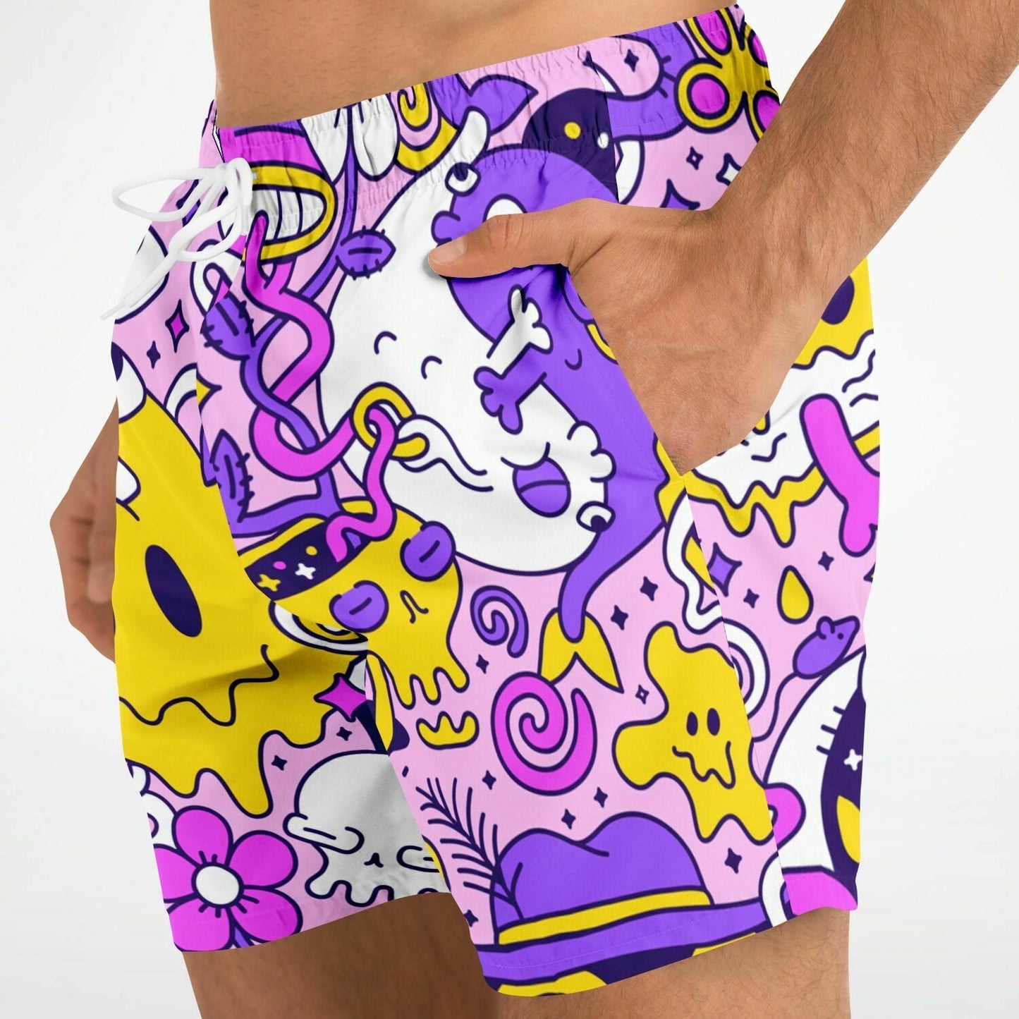 Pink Cartoon Doodle Rave Swim Trunks