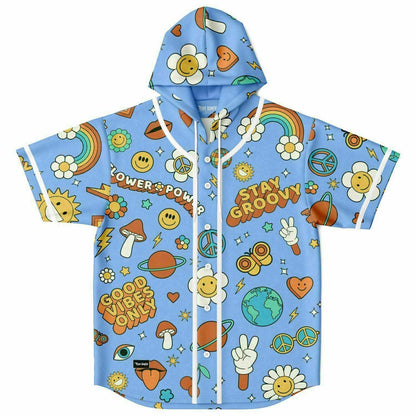 Sky Blue Retro 70S Rave Hooded Baseball Jersey