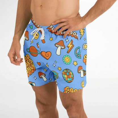 Cornflower Blue Retro Groovy Rave Swim Trunks