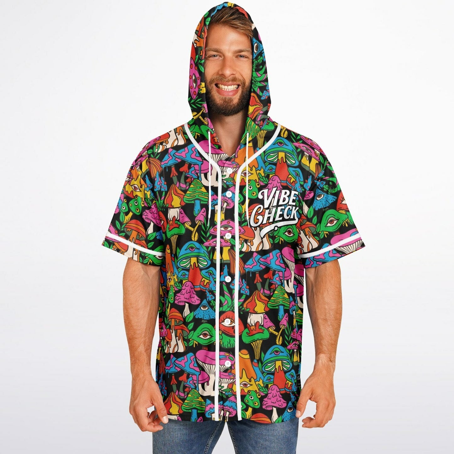 Black Dense Psychedelic Rave Hooded Baseball Jersey