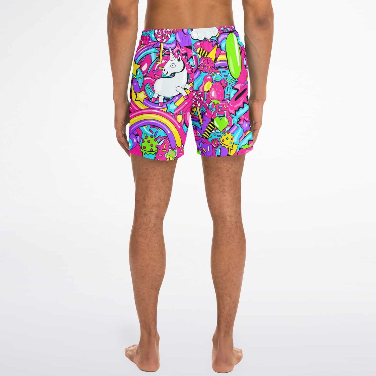 Hot Pink Cartoon Unicorn Rave Swim Trunks