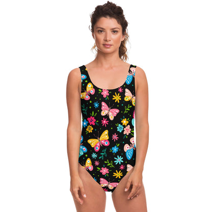 Black Butterflies Flowers Rave Swimsuit