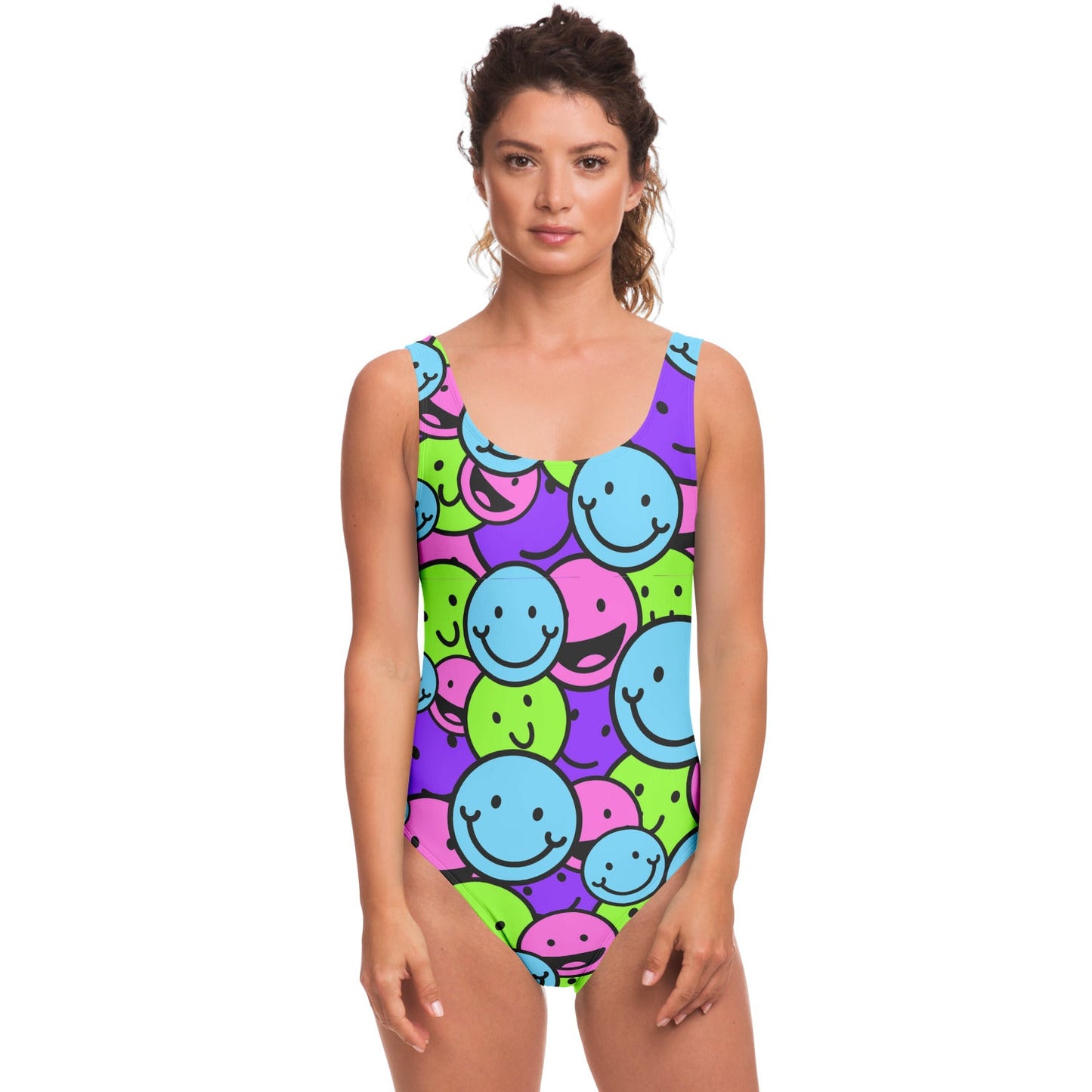Bright Neon Repeating Smiley Rave Swimsuit