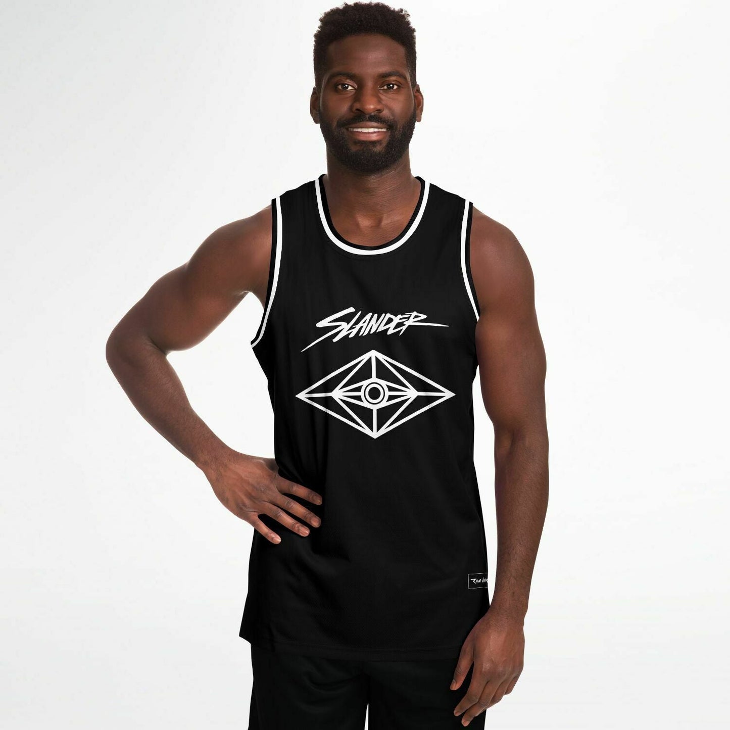 Slander Black Wordmark Above Rave Basketball Jersey