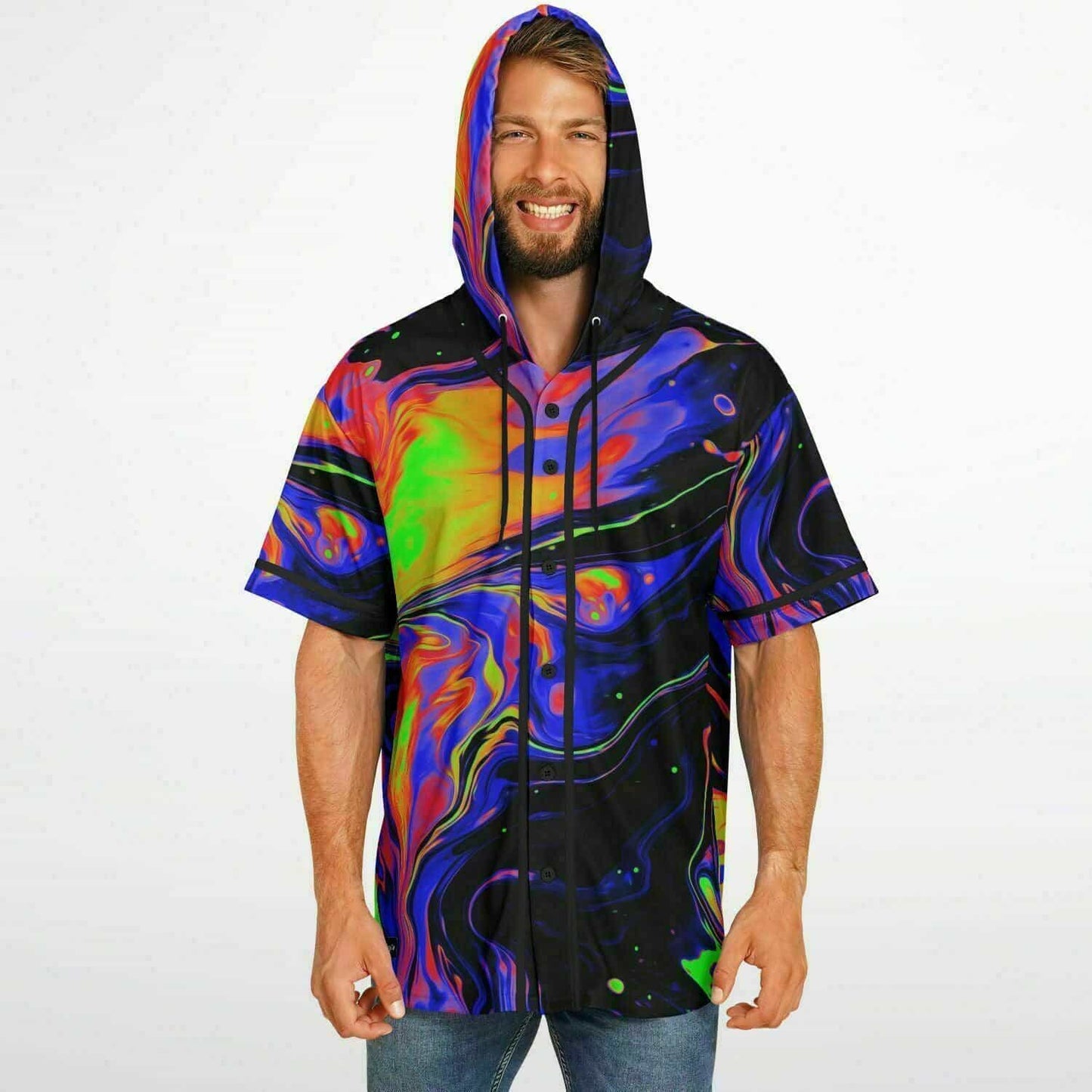 Black Fluid Psychedelic Rave Hooded Baseball Jersey