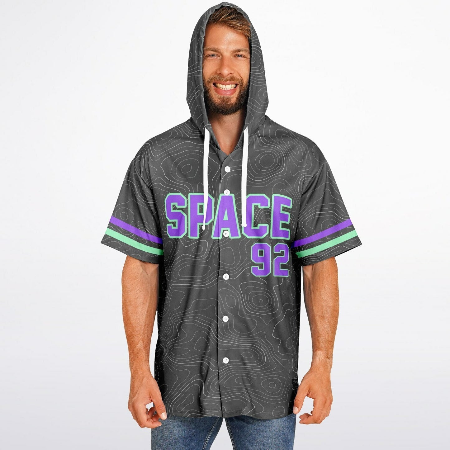 Space 92 Charcoal Topographic Contour Rave Hooded Baseball Jersey