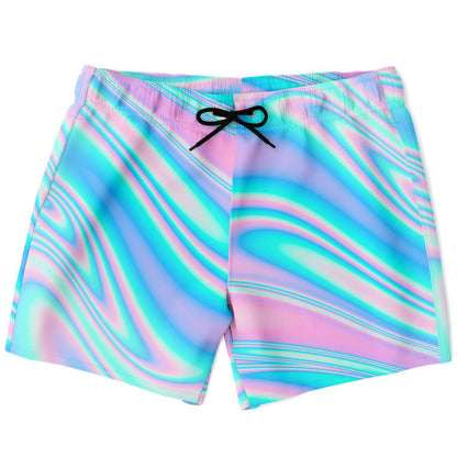 Pastel Pink Holographic Swirl Rave Swim Trunks