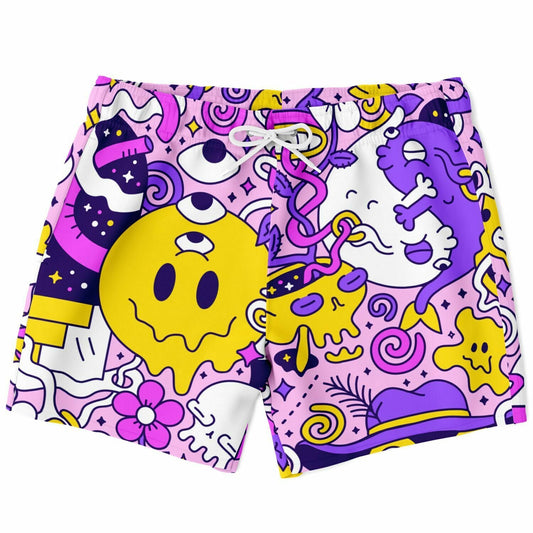 Pink Cartoon Doodle Rave Swim Trunks